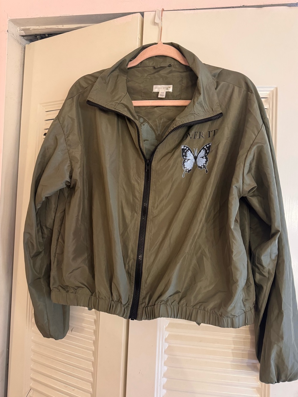 Olive Green Butterfly Zip Bomber Jacket